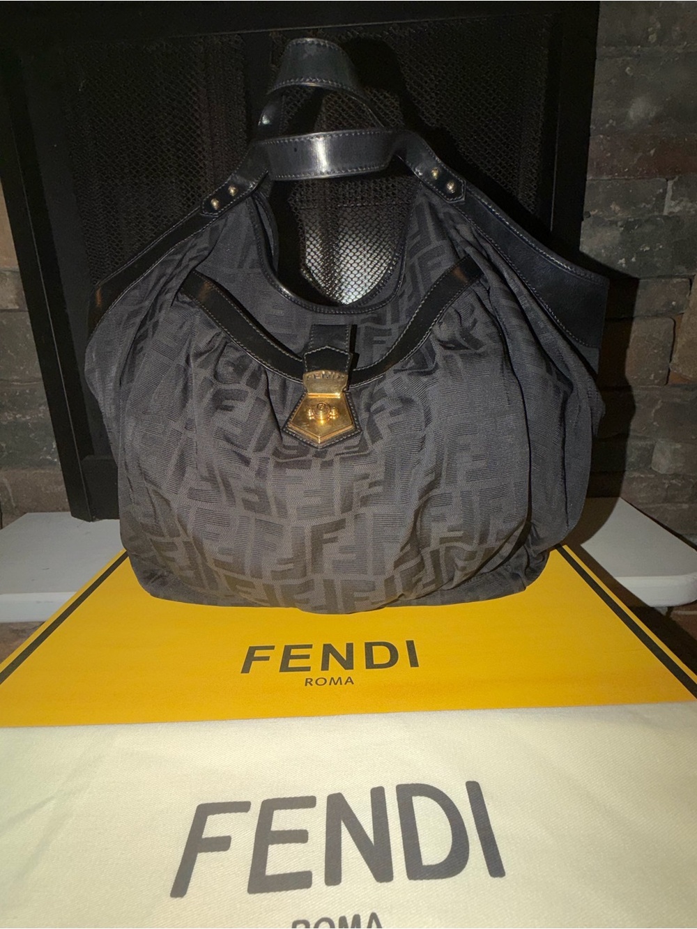 Fendi Black Zucca Monogram Hobo with Gold Hardware